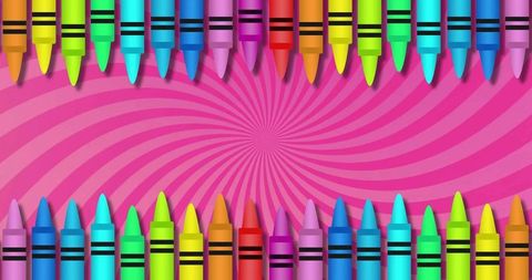 Framing neon crayons in vibrant border with magenta spiral center for bold copy space
