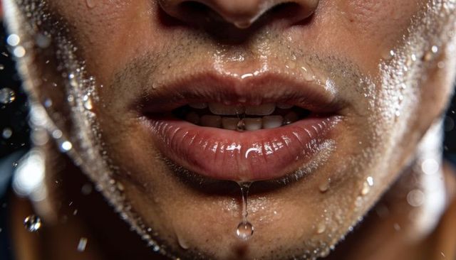 Closeup male mouth dripping water, glossy lips, stubbled chin, teeth, moisture droplets