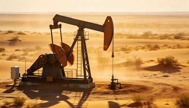 Pumpjack pumping oil on desert dunes at golden hour — remote industrial oilfield