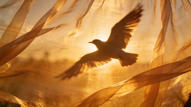 Bird silhouette gliding behind golden sheer curtains at sunset, backlit warm horizon