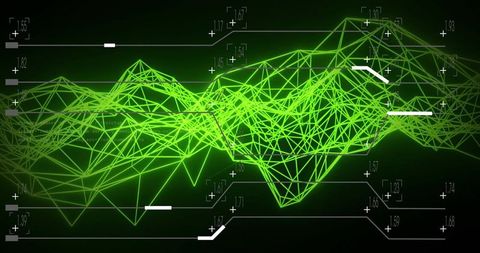 Neon green wireframe terrain pulsing across futuristic hud with numeric data overlay