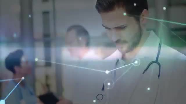 Medical professional holding stethoscope with digital network connections animated in hospital background demonstrates integration of technology with healthcare. Suitable for illustrating concepts of futuristic medicine, technological innovation in medical practices, modern hospital environments, and advancements in health services. Useful for health-related technology companies, modern healthcare facilities promos, innovation awards presentations, and future of medical practices articles.