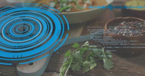 Cilantro bunch resting on wooden cutting board with blue hud overlay and code for food tech visuals