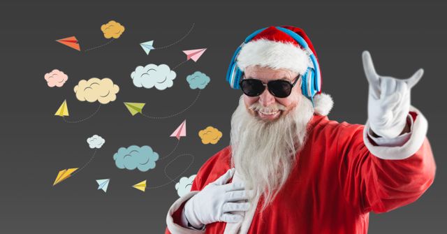 Santa Claus depicted in a modern context wearing headphones and sunglasses, set against a backdrop of colorful clouds and paper planes. Useful for modern holiday-themed advertising, greeting cards, social media posts, and Christmas promotions. It conveys a festive and joyful atmosphere, blending traditional and contemporary elements.