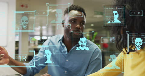 Futuristic Digital Interface in Modern Office with Colleagues