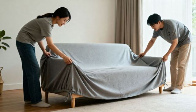 Young couple fitting grey sofa slipcover in bright living room demonstrating teamwork