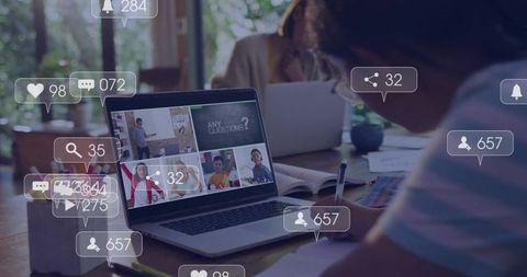 Boy taking online class at home desk with laptop, notes and notification icons overlay