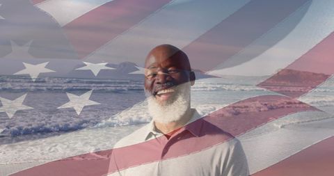 Proud African American Senior on Beach with USA Flag Overlay