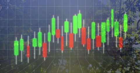 Dynamic Candlestick Chart Overlaid on Translucent Forest Grid