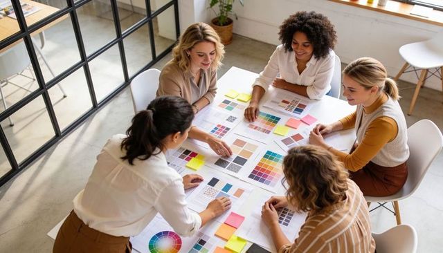 Creative design team reviewing color palettes and swatches around collaborative moodboard