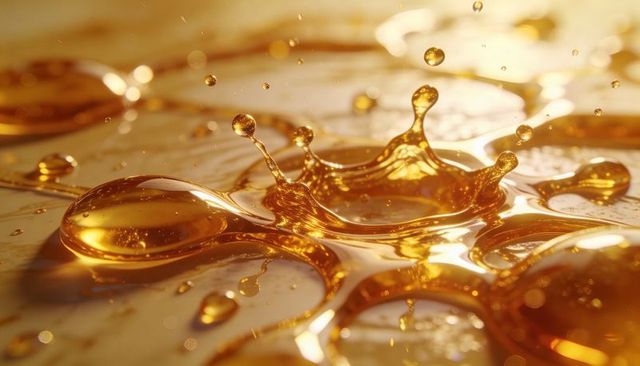Forming golden honey splash crown with suspended droplets and glossy liquid reflections