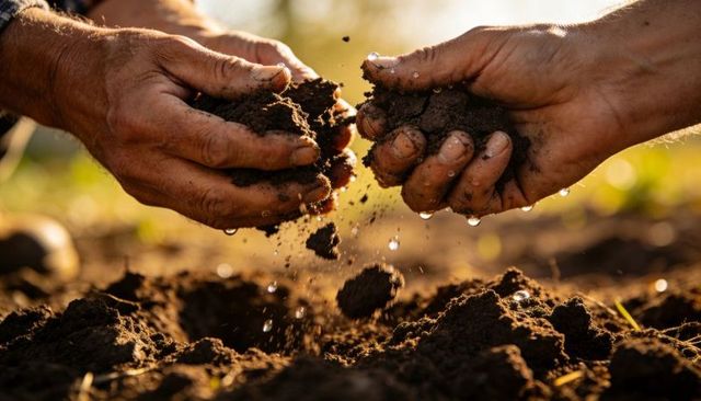 Gardeners sifting moist soil through hands with water droplets close-up