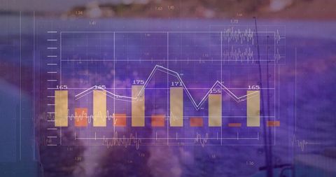 Overlaying data on ocean waves showing animated bar chart and trend line for analytics