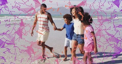 Family walking hand in hand on sunny beach splashing in surf with playful purple overlay
