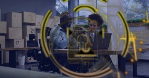 Coworkers Reviewing Plans with Digital Lock Overlay for Secure Corporate Collaboration