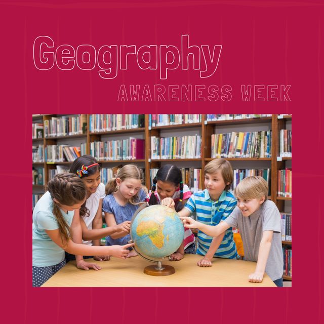 Diverse group of children studying globe in school library cohesively highlights Geography Awareness Week. Ideal for promoting educational events, classroom activities, or school curriculums focusing on geography and multicultural learning.