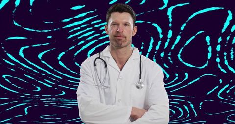 Confident doctor with neon background symbolizing future healthcare