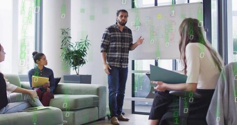 Presenting digital strategy on whiteboard in casual office lounge with binary overlay