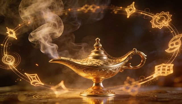 Ornate golden magic lamp releasing smoke with mystical glyph halo and amber glow