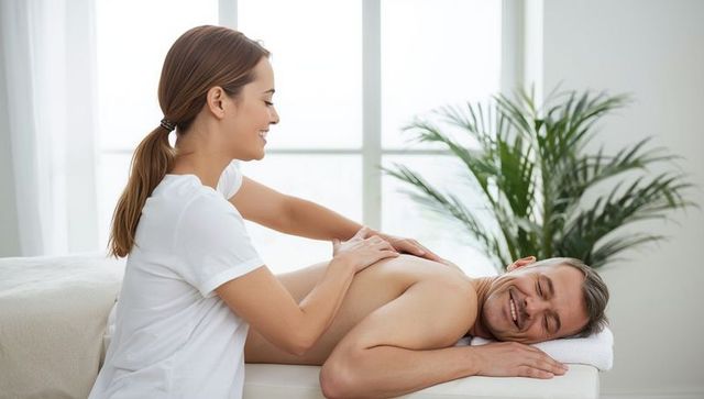 Smiling client enjoying relaxing back massage at spa