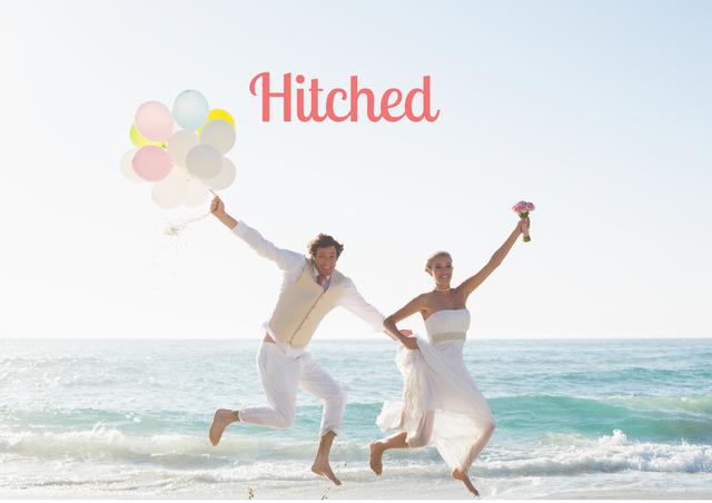 Digital composition of newly wed couple jumping on the beach with background hitched in text
