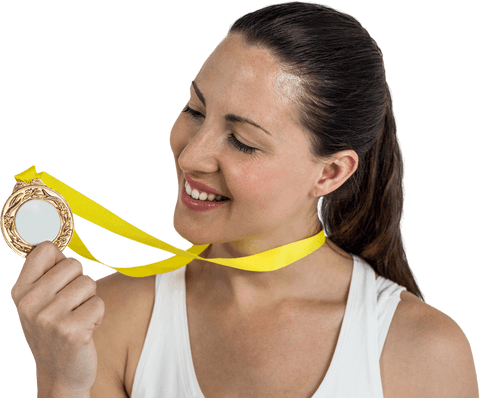 Ecstatic Female Athlete Admiring Her Transparent Victory Medal