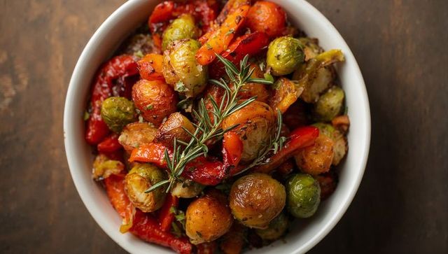 Roasting Brussels Sprouts with Baby Potatoes and Red Peppers, Rosemary Glaze
