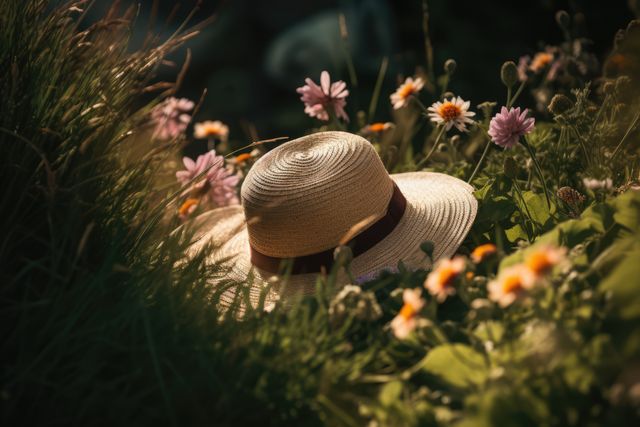 Picture showcasing straw hat lying among colorful wildflowers in sunlit garden. Ideal for depicting summer, outdoor leisure, gardening themes, and emphasizing rustic countryside life. The warm lighting and floral setting suggest tranquility and relaxation.
