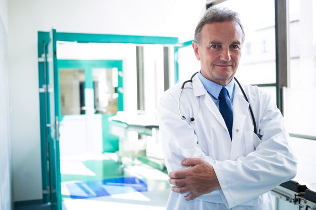 This image shows a confident doctor standing with arms crossed in a hospital corridor. Ideal for use in healthcare-related articles, medical websites, hospital brochures, and promotional materials for medical services.