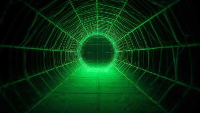 Futuristic green wireframe passage in digital corridor