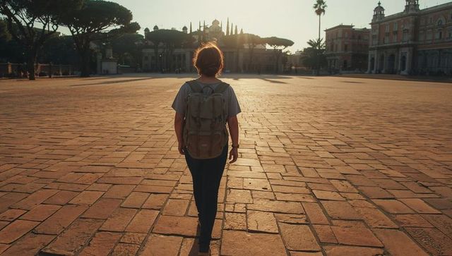Solo traveler walking across sunlit historic stone plaza at golden hour with backpack