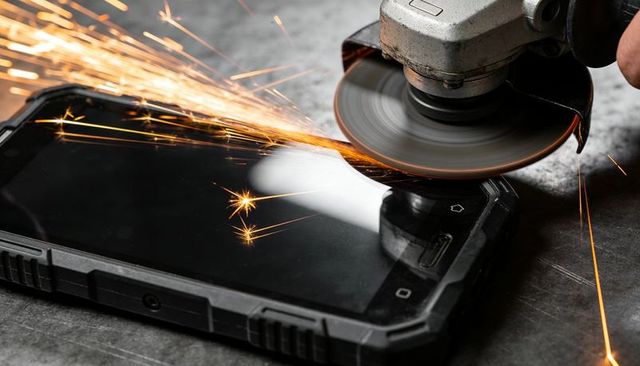 Grinding angle grinder creating sparks on rugged smartphone screen in industrial workshop