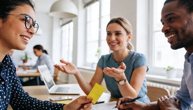 Smiling diverse team collaborating over sticky notes and laptop in modern open office