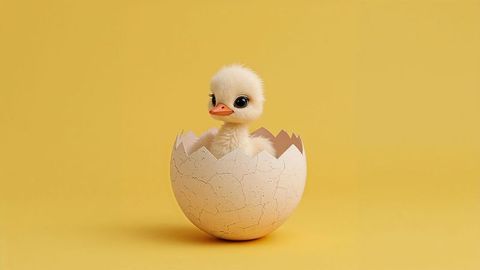 Adorable fluffy duckling emerging from cracked eggshell on yellow background