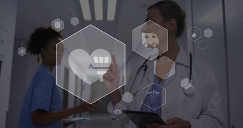 Healthcare professional engaging with digital interface in hospital