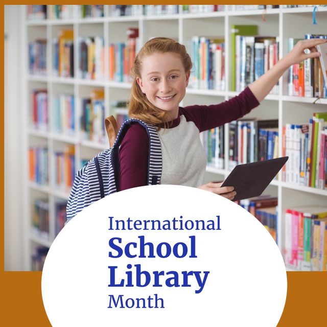 Portrait of smiling caucasian teenage girl in library, international school library month text. Copy space, digital composite, celebration, reading, encouraging children's learning, development.