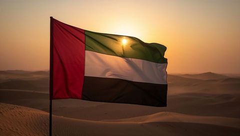Waving united arab emirates flag at sunset over desert dunes backlit by sun