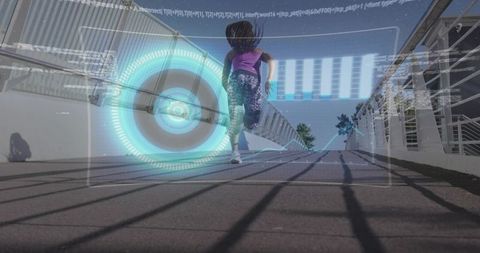 Woman running on urban overpass with futuristic fitness hud overlay and motion tracking
