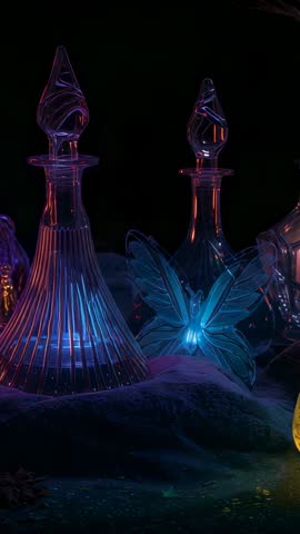 Vertical cinematic pan showing amber decanter entering frame, casting warm flame glow over crystal