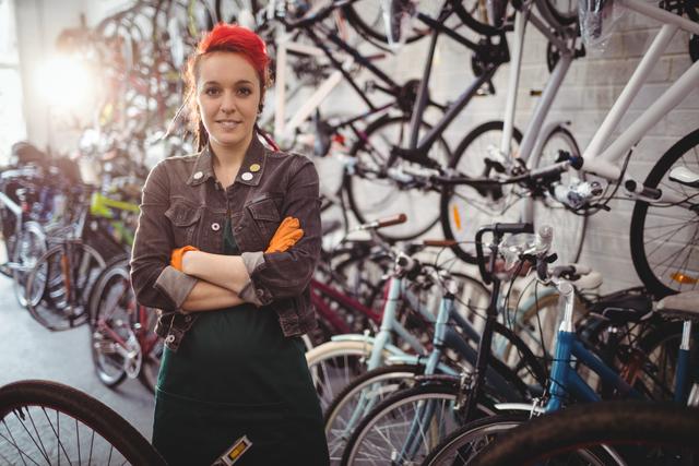 Female mechanic with red hair standing confidently with arms crossed in a bicycle workshop. Ideal for use in articles or advertisements related to bike repair services, professional mechanics, cycling maintenance, and women in skilled trades.