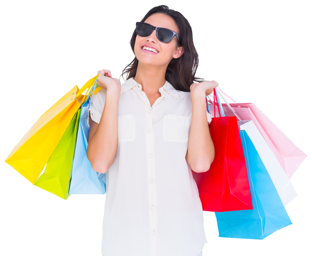 Young Woman Wearing Sunglasses Carrying Colorful Shopping Bags on White Background - Download Free Stock Videos Pikwizard.com