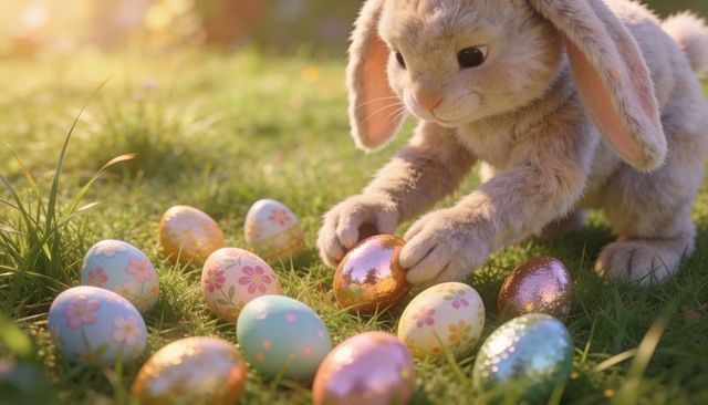 Floppy-eared bunny gathering pastel floral and metallic easter eggs in sunlit meadow