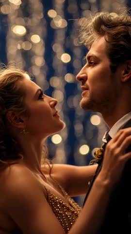 Romantic couple slow dancing under sparkling bokeh lights in elegant ballroom