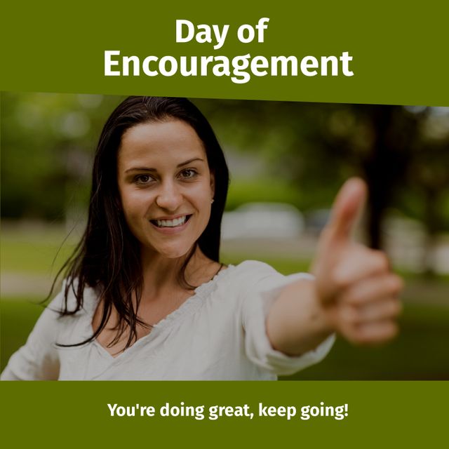 Portrait of caucasian mid adult woman showing thumbs up and you're doing great, keep going text. Day of encouragement, composite, gesturing, inspire, positive emotion and motivation concept.