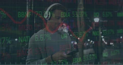 Man Engaging with Smartphone Overlayed with Stock Market Trends