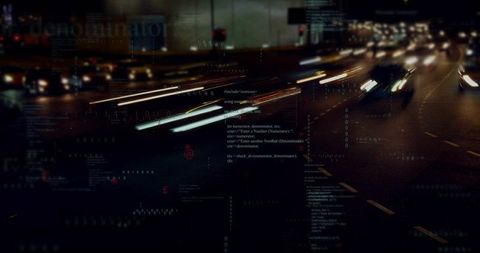 Streaming Light Trails and Floating Code Overlays on Urban Highway for Cyber Tech Concepts