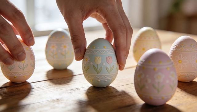 Hand placing pastel tulip-decorated egg on sunlit wooden table for easter craft and decor