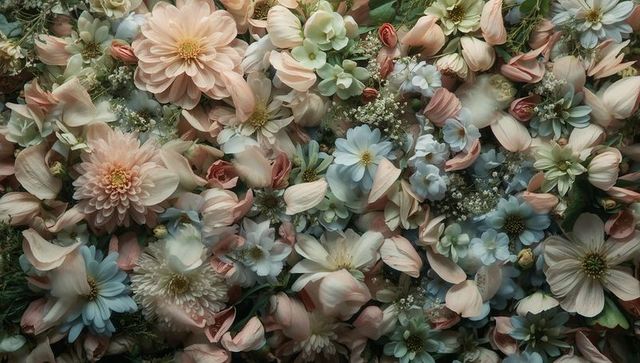 Pastel dahlia and rose floral collage featuring baby's breath and soft petals