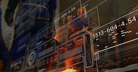 Foundry worker pouring molten metal with digital interface overlay