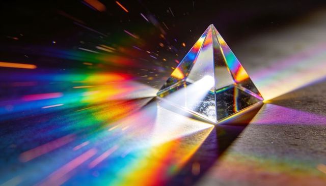 Crystal prism refracting white beam into vibrant rainbow spectrum with light streaks